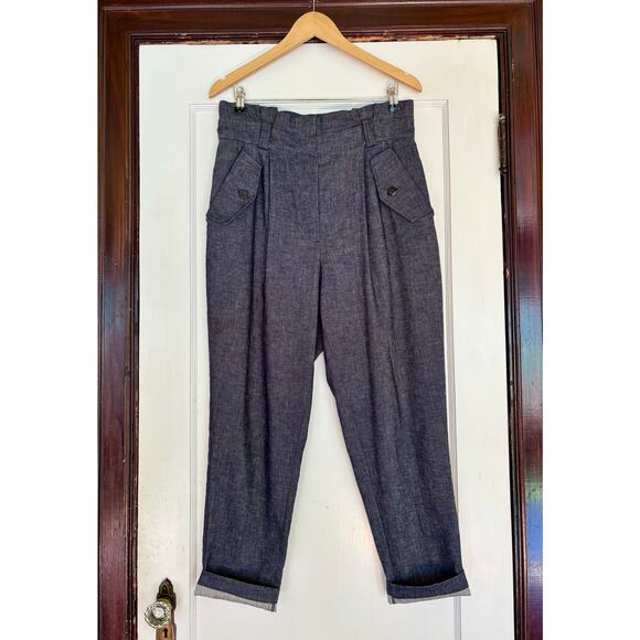ALC Dark Blue Linen Cotton Denim Tailored Paper Bag Trousers- Size 10, Medium - Picture 1 of 7